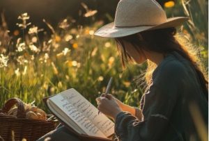 Writer sitting in nature with the afternoon sun