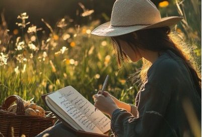 Writer sitting in nature with the afternoon sun
